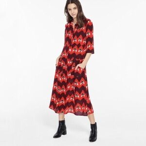 Ba&sh Painty Silk Midi Shirt Dress Bordeaux 10 Medium Boho Chic Artsy 70s Retro